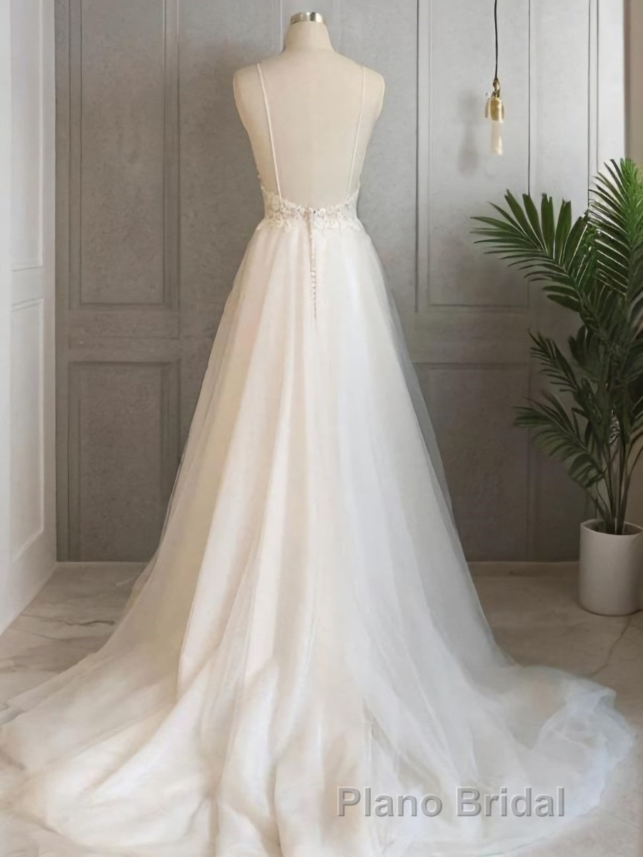 A-Line/Princess V-neck Sweep Train Tulle Wedding Dresses With Appliques Lace Secondary image