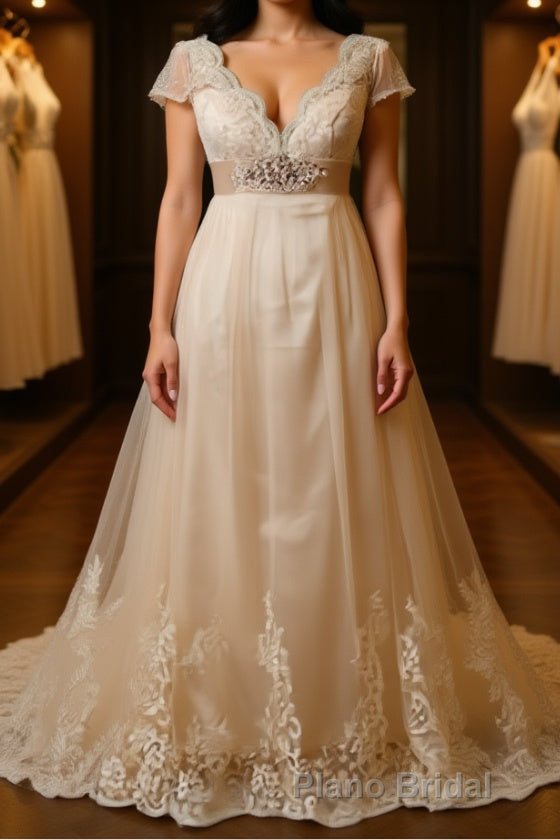 A-Line/Princess V-neck Sweep Train Tulle Wedding Dresses With Beading