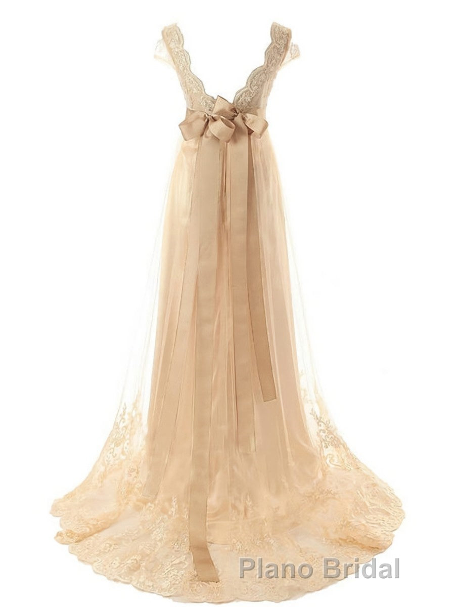 A-Line/Princess V-neck Sweep Train Tulle Wedding Dresses With Beading Secondary image