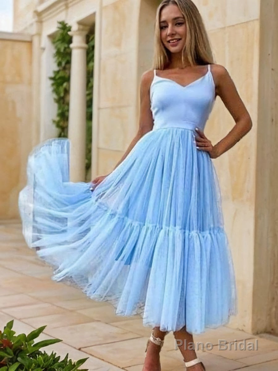 A-Line/Princess V-neck Tea-Length Tulle Homecoming Dresses With Pleated Main image