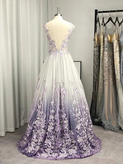 A-Line/Princess V-Neck Tulle Applique Sleeveless Floor-Length Formal Prom Dresses