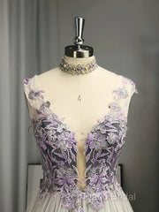 A-Line/Princess V-Neck Tulle Applique Sleeveless Floor-Length Formal Prom Dresses