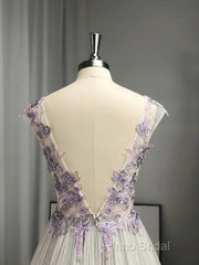 A-Line/Princess V-Neck Tulle Applique Sleeveless Floor-Length Formal Prom Dresses