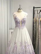 A-Line/Princess V-Neck Tulle Applique Sleeveless Floor-Length Formal Prom Dresses