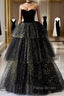A-Line Formal Prom Dresses Black Dresses Dresses Formal Birthday Floor Length Sleeveless Strapless Tulle With Ruched Sequin