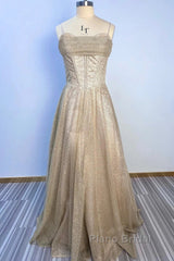 A-Line Formal Prom Dresses Corsets Dresses Wedding Party Sweep / Brush Train Sleeveless Spaghetti Strap Tulle With Glitter Pleats