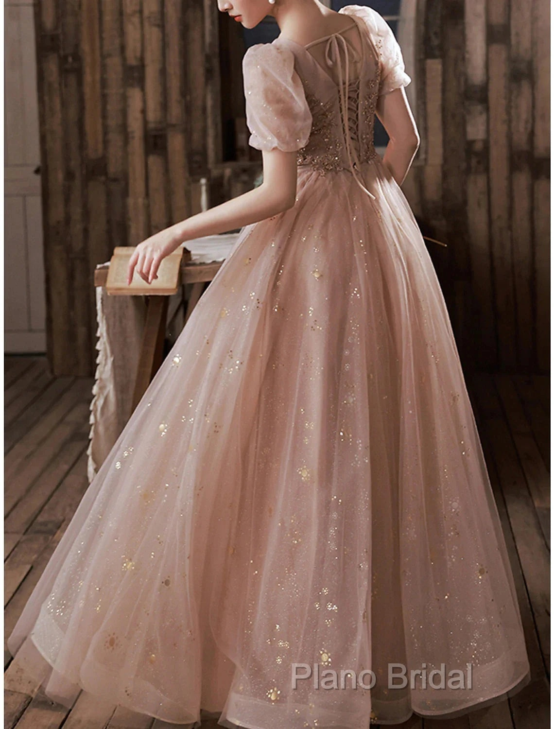 A-Line Formal Prom Dresses Elegant Dresses Engagement Formal Prom Floor Length Half Sleeve Square Neck Satin With Appliques Secondary image