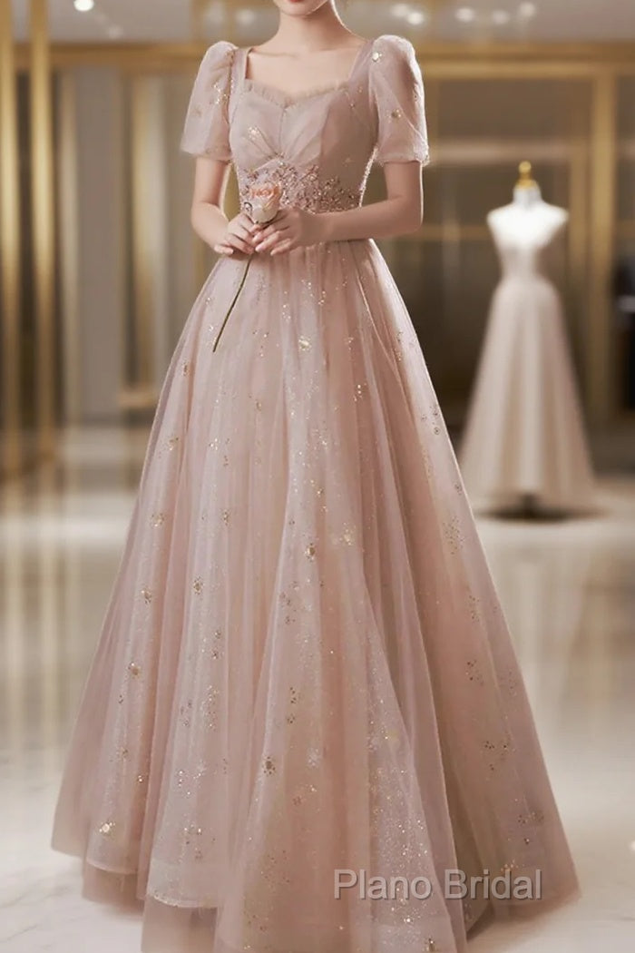 A-Line Formal Prom Dresses Elegant Dresses Engagement Formal Prom Floor Length Half Sleeve Square Neck Satin With Appliques Main image