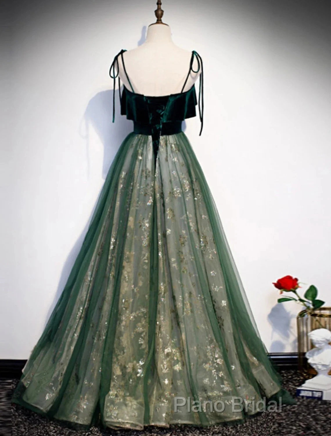 A-Line Formal Prom Dresses Glittering Dresses Wedding Guest Engagement Floor Length Sleeveless Spaghetti Strap Organza With Sequin Secondary image