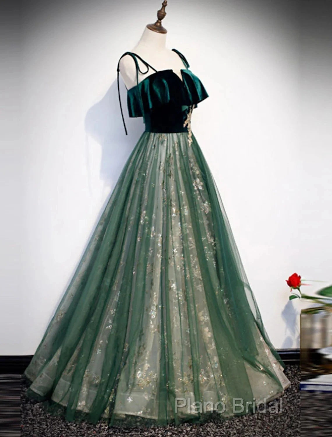 A-Line Formal Prom Dresses Glittering Dresses Wedding Guest Engagement Floor Length Sleeveless Spaghetti Strap Organza With Sequin