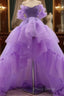 A-Line Formal Prom Dresses High Low Dresses Quinceanera Asymmetrical Purple Short Sleeve Off Shoulder Tulle With Tier