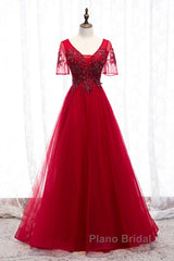 A-Line Formal Prom Dresses Luxurious Dresses Wedding Guest Formal Evening Floor Length Short Sleeve Spaghetti Strap Tulle