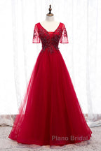A-Line Formal Prom Dresses Luxurious Dresses Wedding Guest Formal Evening Floor Length Short Sleeve Spaghetti Strap Tulle