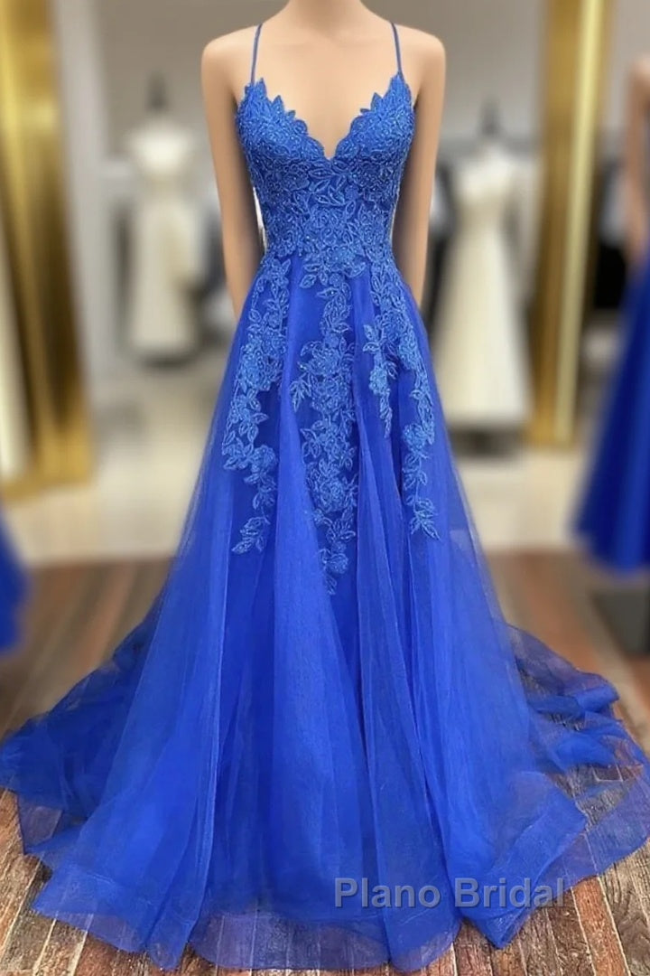 A-Line Formal Prom Dresses Open Back Dresses Formal Prom Court Train Sleeveless V Neck Tulle Backless V Back With Beading Appliques
