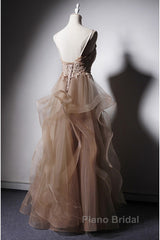 A-Line Formal Prom Dresses Open Back Dresses Formal Wedding Party Floor Length Sleeveless Spaghetti Strap Lace With Ruffles Appliques