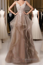 A-Line Formal Prom Dresses Open Back Dresses Formal Wedding Party Floor Length Sleeveless Spaghetti Strap Lace With Ruffles Appliques