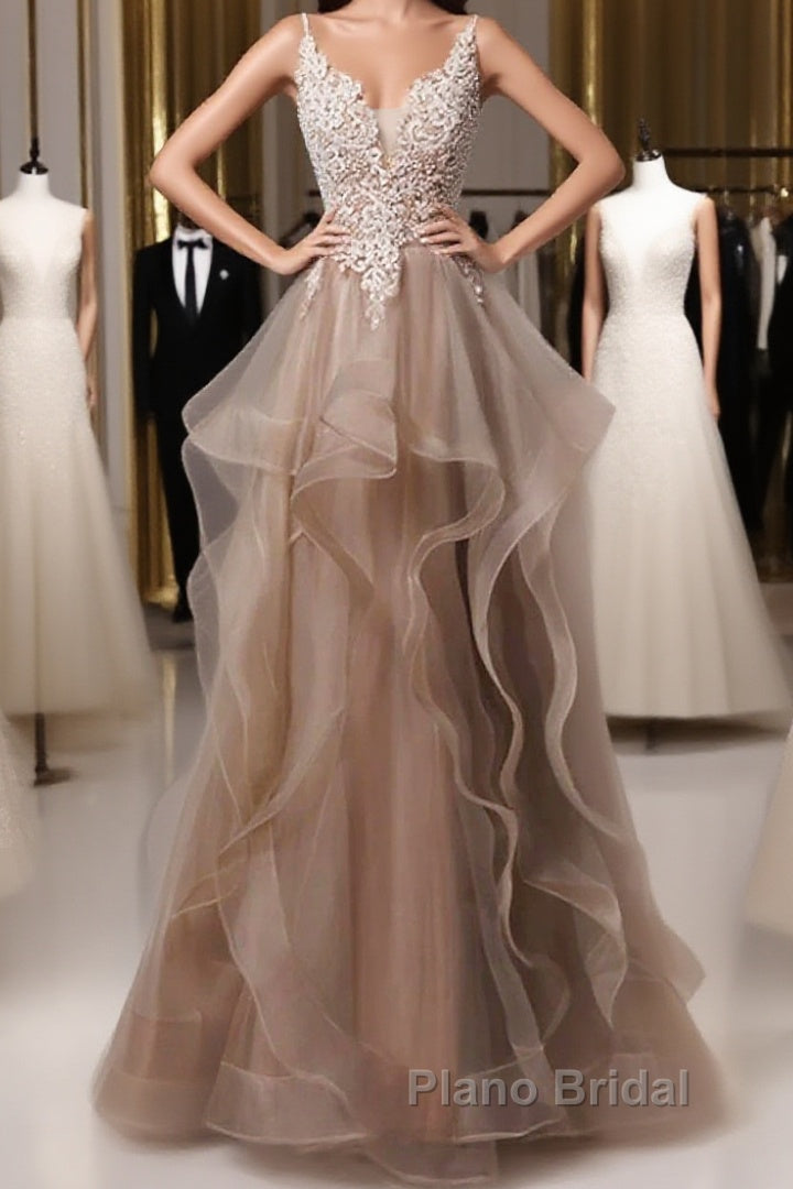 A-Line Formal Prom Dresses Open Back Dresses Formal Wedding Party Floor Length Sleeveless Spaghetti Strap Lace With Ruffles Appliques