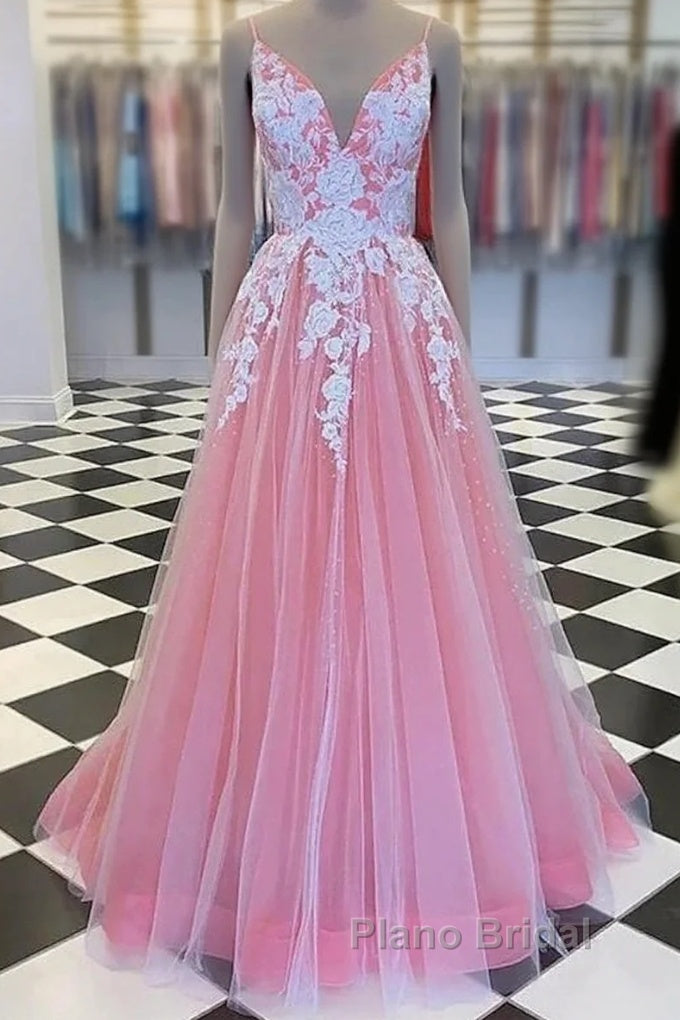 A-Line Formal Prom Dresses Princess Dresses Formal Floor Length Sleeveless V Neck Tulle With Pleats Appliques Main image
