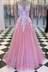 A-Line Formal Prom Dresses Princess Dresses Formal Floor Length Sleeveless V Neck Tulle With Pleats Appliques
