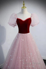 A-Line Formal Prom Dresses Princess Dresses Formal Prom Floor Length Short Sleeve Sweetheart Tulle With Sequin