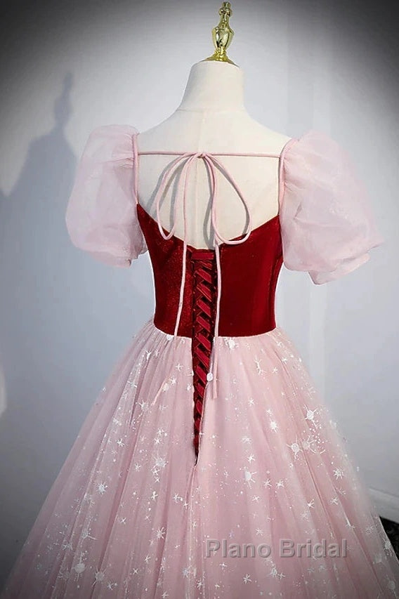 A-Line Formal Prom Dresses Princess Dresses Formal Prom Floor Length Short Sleeve Sweetheart Tulle With Sequin