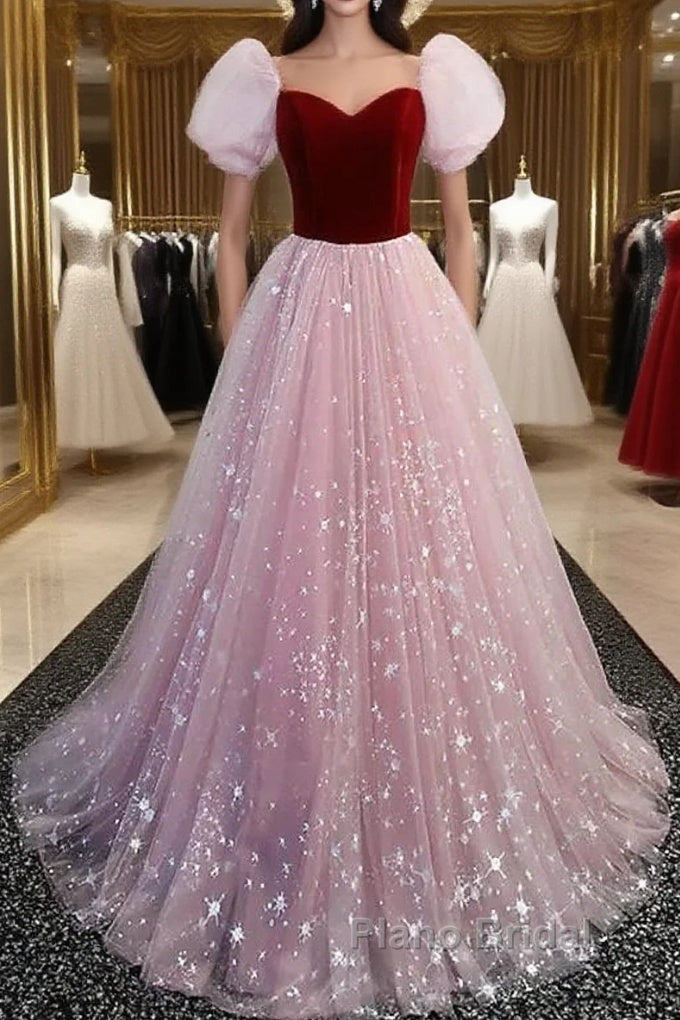 A-Line Formal Prom Dresses Princess Dresses Formal Prom Floor Length Short Sleeve Sweetheart Tulle With Sequin Main image