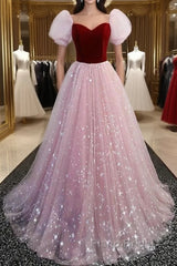A-Line Formal Prom Dresses Princess Dresses Formal Prom Floor Length Short Sleeve Sweetheart Tulle With Sequin