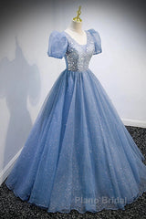 A-Line Formal Prom Dresses Puffy Dresses Quinceanera Floor Length Short Sleeve V Neck Tulle With Sequin