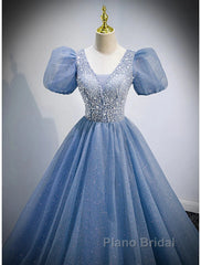 A-Line Formal Prom Dresses Puffy Dresses Quinceanera Floor Length Short Sleeve V Neck Tulle With Sequin