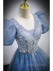 A-Line Formal Prom Dresses Puffy Dresses Quinceanera Floor Length Short Sleeve V Neck Tulle With Sequin