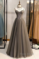 A-Line Formal Prom Dresses Sexy Dresses Formal Floor Length Sleeveless Strap Tulle With Pleats Crystals