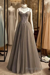 A-Line Formal Prom Dresses Sexy Dresses Formal Floor Length Sleeveless Strap Tulle With Pleats Crystals