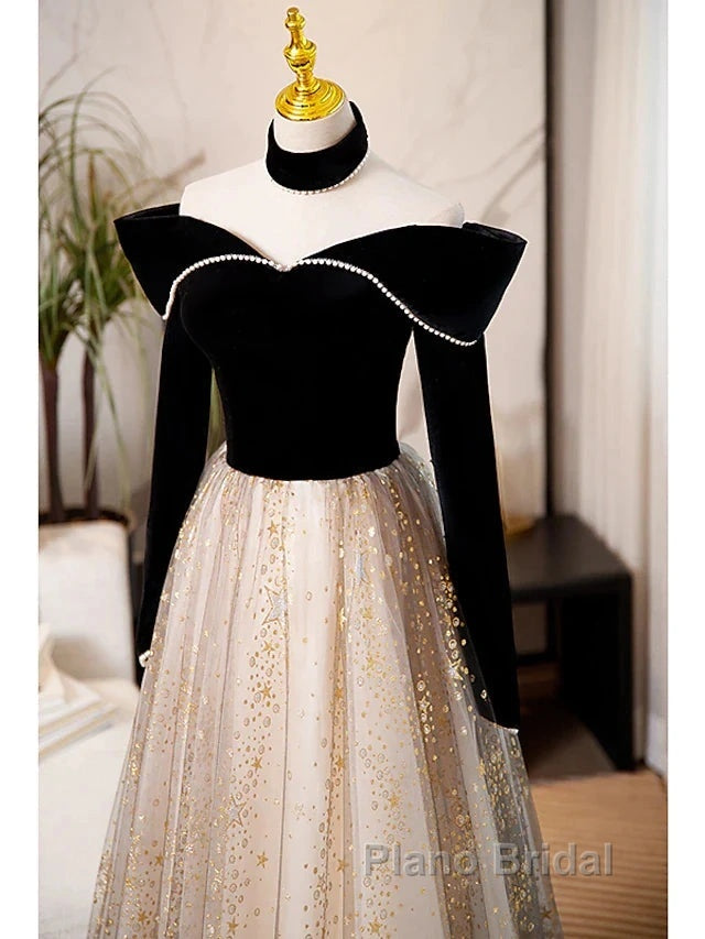 A-Line Formal Prom Dresses Sparkle & Shine Dresses Engagement Floor Length Long Sleeve Sweetheart Tulle With Sequin Secondary image