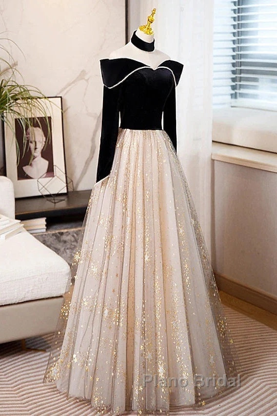 A-Line Formal Prom Dresses Sparkle & Shine Dresses Engagement Floor Length Long Sleeve Sweetheart Tulle With Sequin