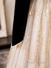 A-Line Formal Prom Dresses Sparkle & Shine Dresses Engagement Floor Length Long Sleeve Sweetheart Tulle With Sequin