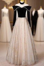 A-Line Formal Prom Dresses Sparkle & Shine Dresses Engagement Floor Length Long Sleeve Sweetheart Tulle With Sequin