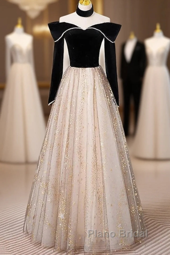 A-Line Formal Prom Dresses Sparkle & Shine Dresses Engagement Floor Length Long Sleeve Sweetheart Tulle With Sequin