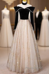 A-Line Formal Prom Dresses Sparkle & Shine Dresses Engagement Floor Length Long Sleeve Sweetheart Tulle With Sequin