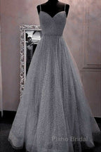 A-Line Formal Prom Dresses Sparkle & Shine Dresses Party Dresses Birthday Floor Length Sleeveless Spaghetti Strap Tulle With Glitter Crystals