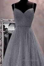 A-Line Formal Prom Dresses Sparkle & Shine Dresses Party Dresses Birthday Floor Length Sleeveless Spaghetti Strap Tulle With Glitter Crystals