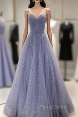 A-Line Formal Prom Dresses Sparkle & Shine Dresses Party Dresses Birthday Floor Length Sleeveless Spaghetti Strap Tulle With Glitter Crystals