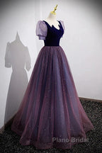 A-Line Formal Prom Dresses Sparkle & Shine Dresses Formal Prom Floor Length Short Sleeve Scoop Neck Tulle With Sequin