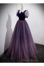 A-Line Formal Prom Dresses Sparkle & Shine Dresses Formal Prom Floor Length Short Sleeve Scoop Neck Tulle With Sequin