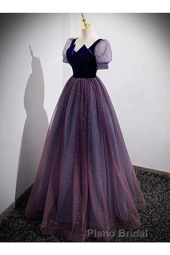 A-Line Formal Prom Dresses Sparkle & Shine Dresses Formal Prom Floor Length Short Sleeve Scoop Neck Tulle With Sequin