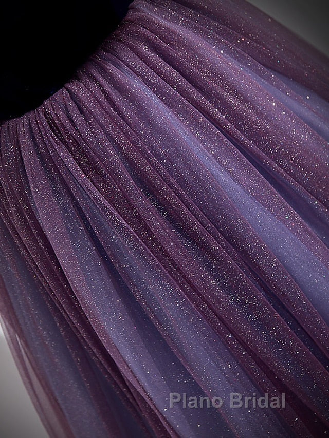 A-Line Formal Prom Dresses Sparkle & Shine Dresses Formal Prom Floor Length Short Sleeve Scoop Neck Tulle With Sequin