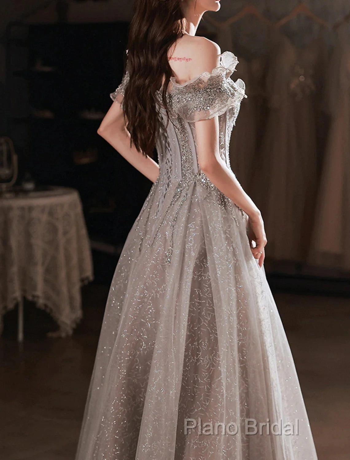 A-Line Formal Prom Dresses Sparkle & Shine Dresses Wedding Guest Formal Prom Floor Length Short Sleeve Off Shoulder Polyester With Sequin Ruffles