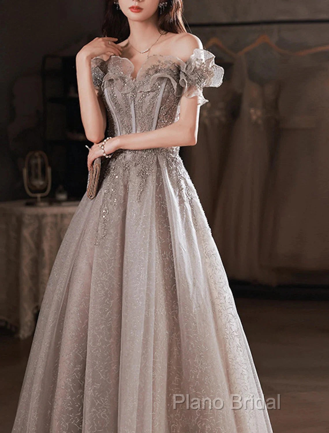 A-Line Formal Prom Dresses Sparkle & Shine Dresses Wedding Guest Formal Prom Floor Length Short Sleeve Off Shoulder Polyester With Sequin Ruffles