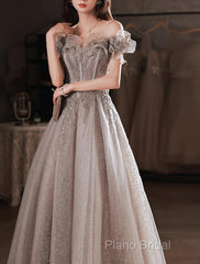 A-Line Formal Prom Dresses Sparkle & Shine Dresses Wedding Guest Formal Prom Floor Length Short Sleeve Off Shoulder Polyester With Sequin Ruffles