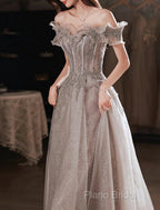 A-Line Formal Prom Dresses Sparkle & Shine Dresses Wedding Guest Formal Prom Floor Length Short Sleeve Off Shoulder Polyester With Sequin Ruffles