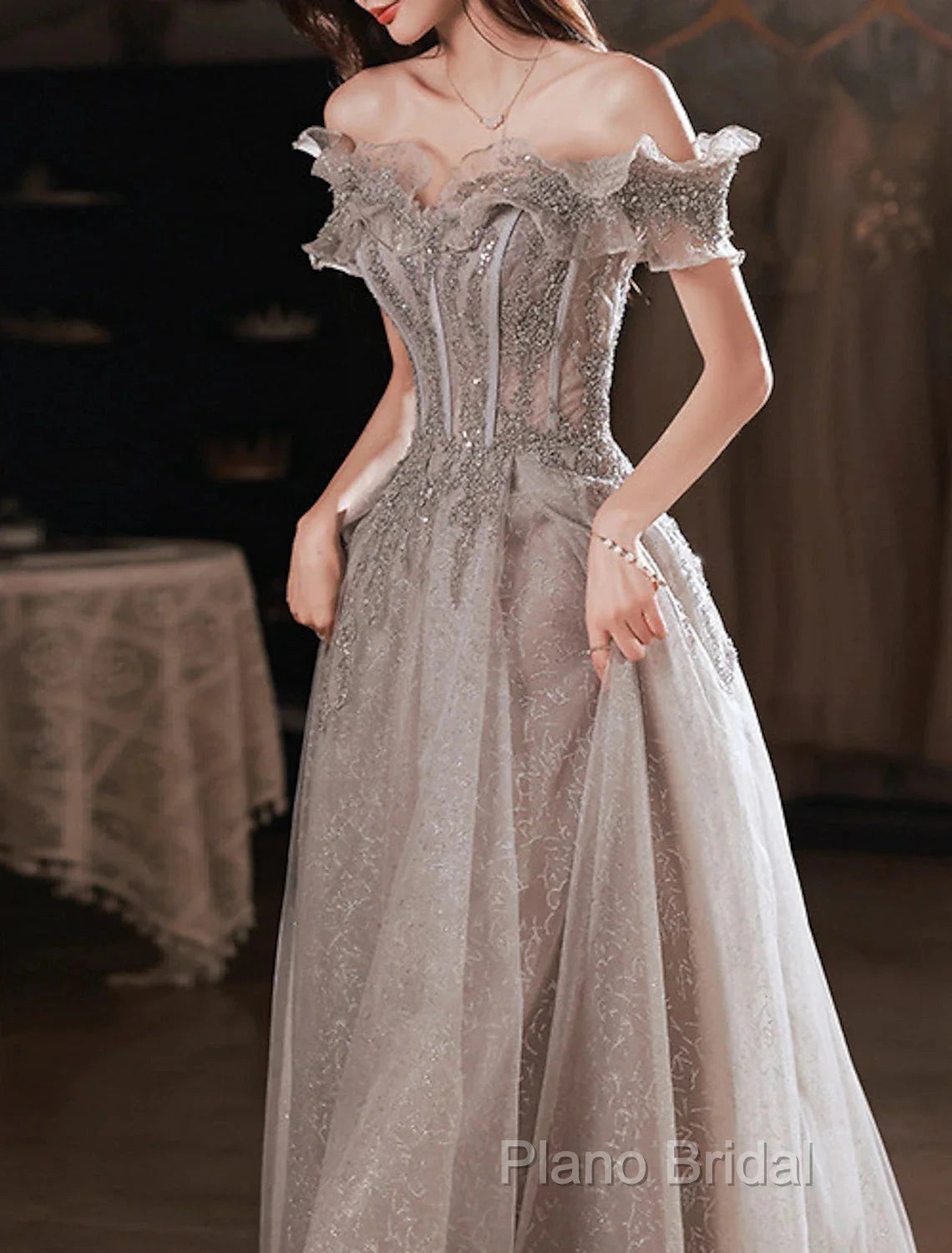 A-Line Formal Prom Dresses Sparkle & Shine Dresses Wedding Guest Formal Prom Floor Length Short Sleeve Off Shoulder Polyester With Sequin Ruffles